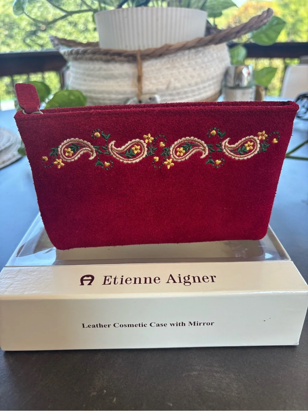 Etienne Aigner Burgundy Suede Cosmetic Case with Paisley Embroidery